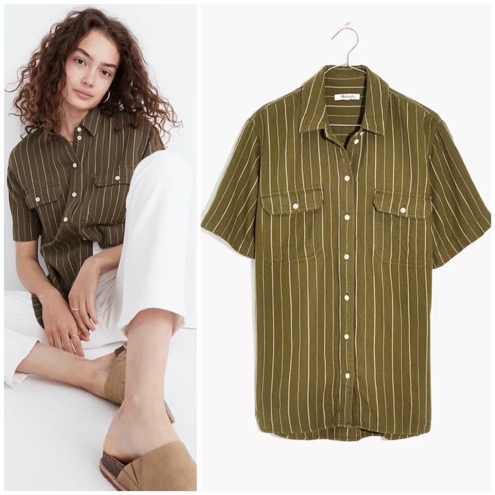 Madewell Olive Green Striped Button-Down Shirt